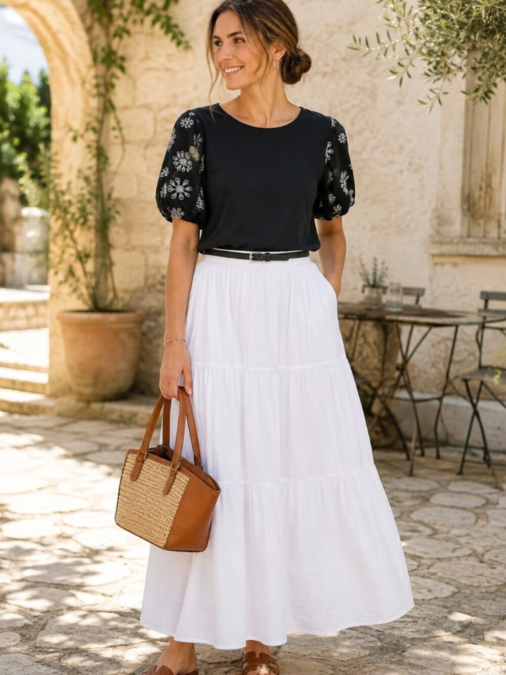 Adrianna Papell Black Puff Sleeve Top Embroidered Eyelet Floral Sleeves Medium